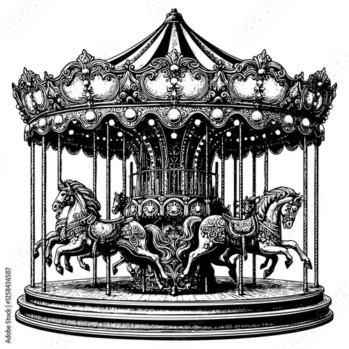 Carousel sketch engraving black and white outline. Scratch board imitation.