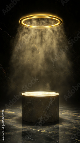 Mystical golden halo above an empty round pedestal with dramatic fog and dark marble background – sacred divine light effect for fantasy and spiritual themes