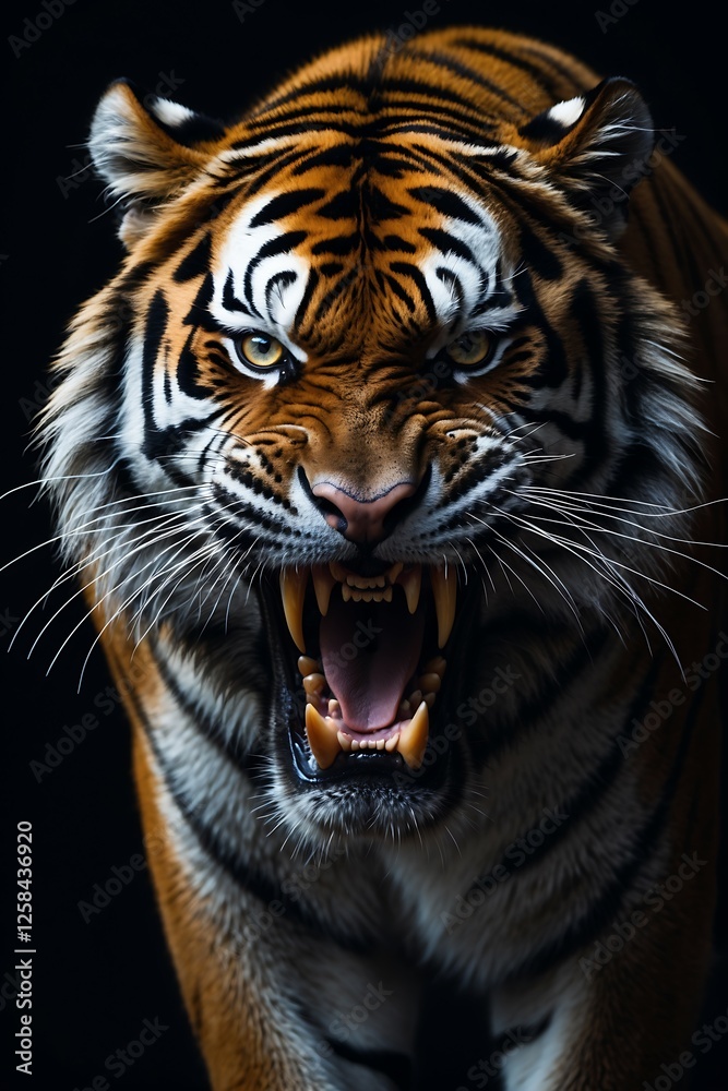 Naklejka premium Majestic Roaring Tiger with Striking Features, A fierce tiger with vibrant stripes and an intense expression, perfect for wildlife enthusiasts and art projects.