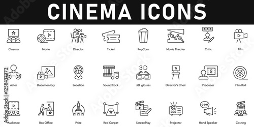 Cinema Icons vector illustration with thin line editable stroke containing movie, projector, audience, actor, film, ticket, director, soundtrack, 3D glasses, screenplay, box office, critic, popcorn.