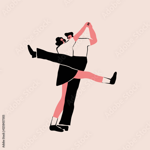 Dancing couple. Cartoon characters. Abstract people with small heads in dance movement. Dating, love, relationship, flirting, fun, passion, sport concept. Hand drawn trendy Vector illustration