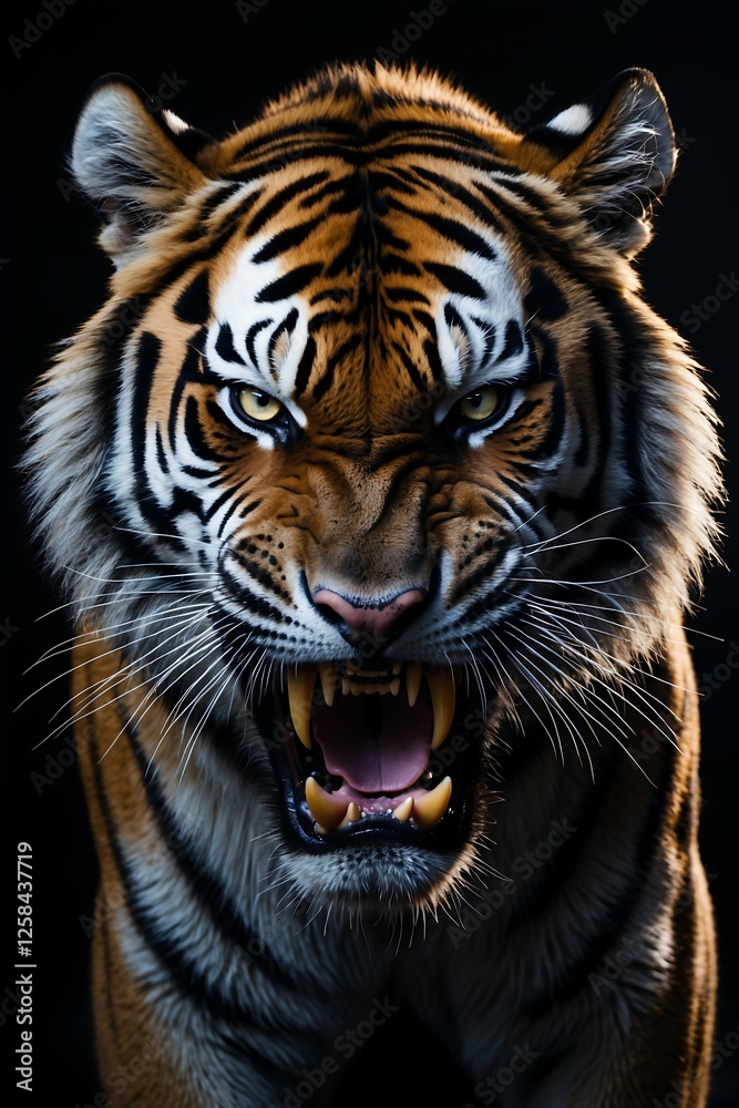Naklejka premium Majestic Roaring Tiger with Striking Features, A fierce tiger with vibrant stripes and an intense expression, perfect for wildlife enthusiasts and art projects.