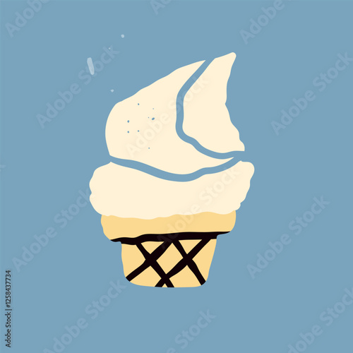 White ice cream with waffle cup. Tasty dairy product. Cartoon modern style. Hand drawn trendy Vector illustration. Isolated design element. Healthy food, local farm market concept