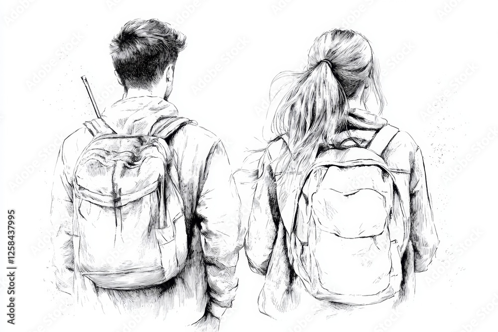 Obraz premium A stylized line-art drawing of students walking into a university lecture hall