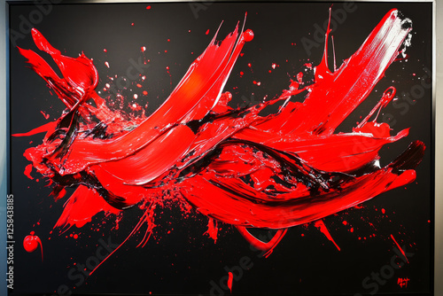Vibrant red paint splashes, layered over a dark background for a bold, artistic statement.