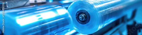 Close-up of a plastic roll on industrial equipment, ideal for manufacturing or production settings