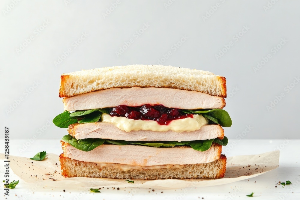 Delicious sandwich featuring layers of turkey, spinach, and cran Delicious sandwich featuring layers of turkey, spinach, and cran