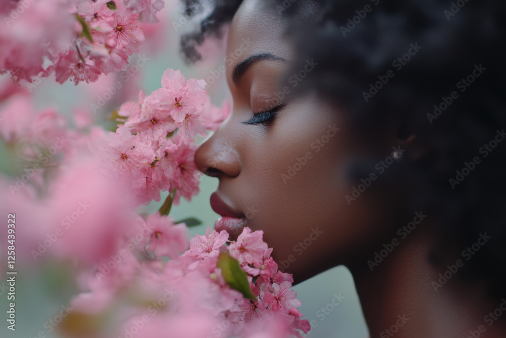 Naklejka premium Beautiful African American woman smelling the soft, fresh and natural scent of pink flowers in spring in bloom. Concept of softness, delicacy, purity, femininity, dream of relaxation