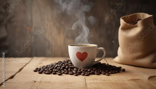 Cup of coffee with heart shaped smoke rising, coffee beans, burlap sack, wooden background, steam, heart shape