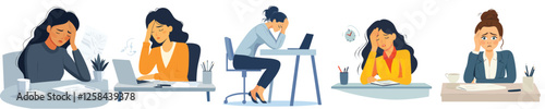 Stressed office woman sitting in table with laptop and plant with white backdrop, Generative AI.