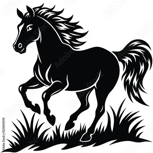 A wild horse silhouette galloping through a prairie, 