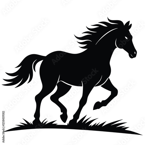 A wild horse silhouette galloping through a prairie, 