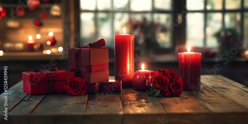 Rustic romantic scene with glowing candles, red roses, and gift boxes on a wooden table near a window, creating a cozy and intimate atmosphere photo