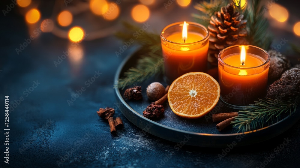 Obraz premium Dark navy blue background with warm orange bokeh lights, studio lighting generative ai