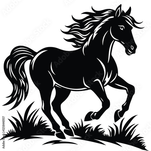 A wild horse silhouette galloping through a prairie, 