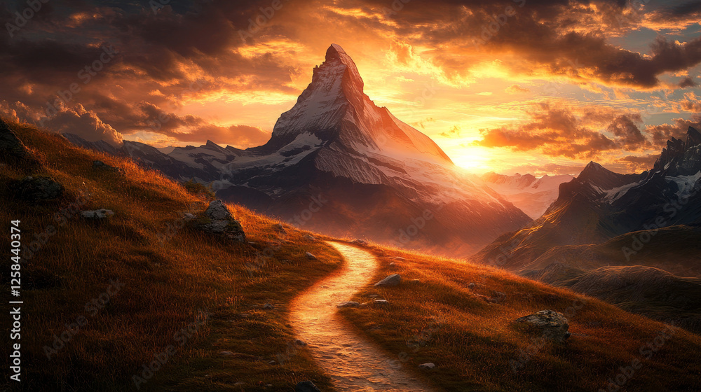 Fototapeta premium A breathtaking sunset over a mountain, with a winding trail leading up its side. The path, bordered by grass and scattered rocks, is bathed in the warm glow of the setting sun behind the peak