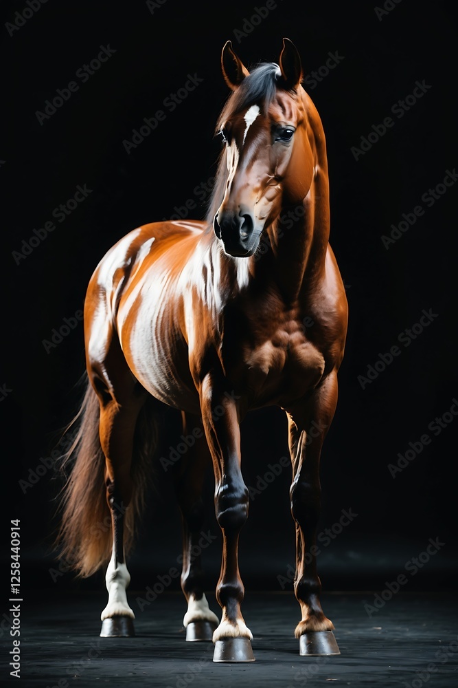 Obraz premium Beautiful Horse with a Shiny Coat and Mane, A majestic brown horse with a flowing mane, perfect for equestrian photography and art.