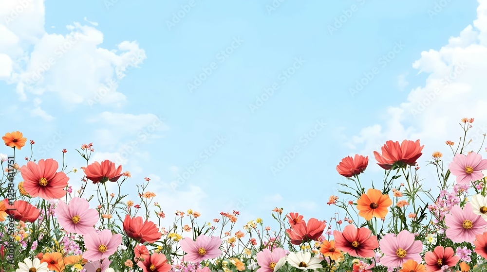 Obraz premium Vibrant Cosmos Flowers Against a Blue Sky