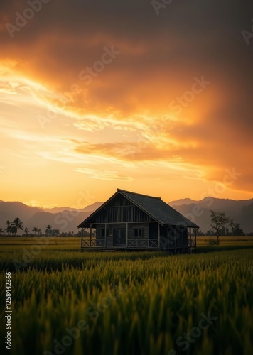 Obraz na płótnie A picturesque landscape featuring a wooden house in a rice field at sunset surrounded by mountains bamboo house background beautiful bamboo asian seaport baltic sea antebellum w salonie