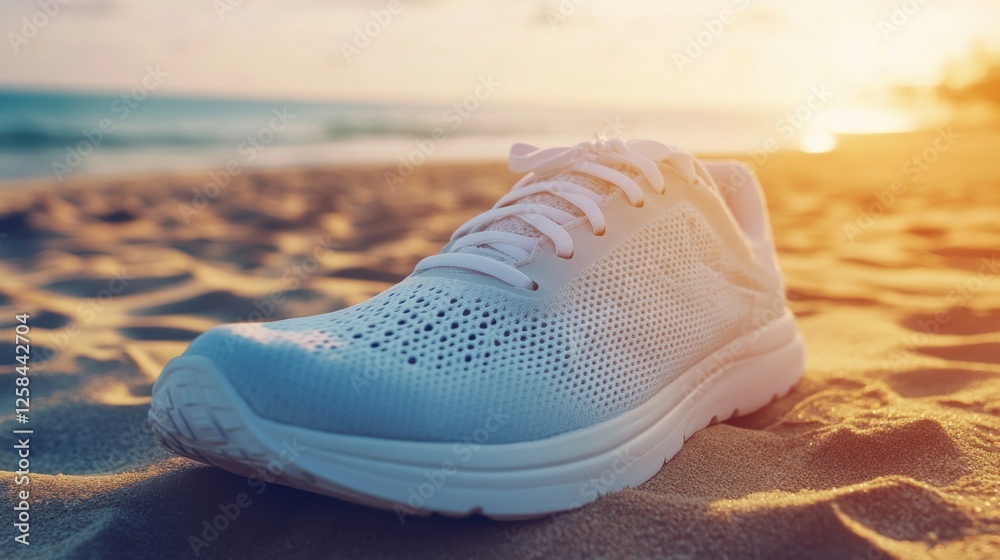 Fototapeta premium Sunrise Beach Run: A Single White Sneaker on Golden Sand