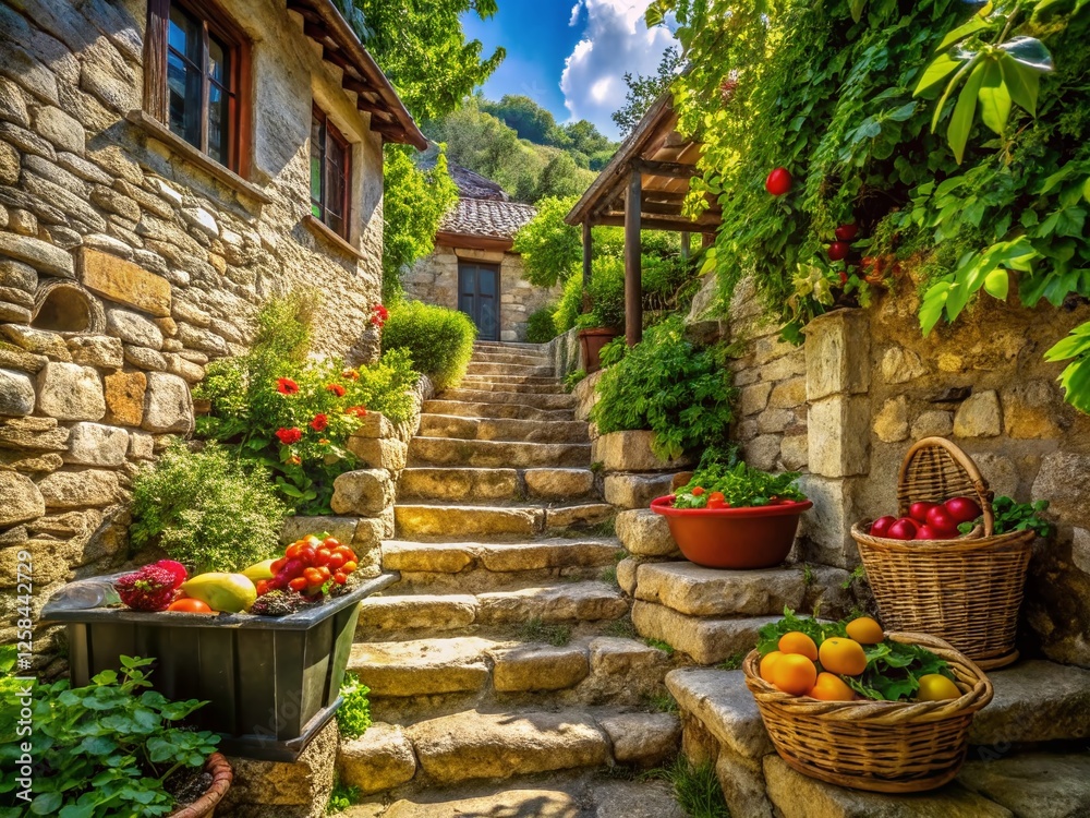 Fototapeta premium Stone Staircase, Old House Garden, Balchik, Bulgaria - Lush Greenery & Flowers