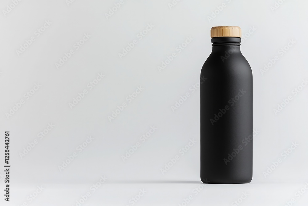 Sleek black bottle with wooden cap stands against minimalist bac Sleek black bottle with wooden cap stands against minimalist bac