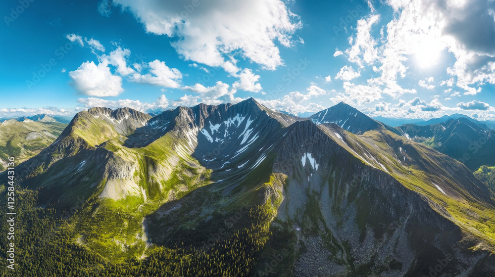 Fototapeta premium A panoramic aerial view of mountain peaks blanketed in deep green coniferous forests, bathed in sunlight under a bright blue sky