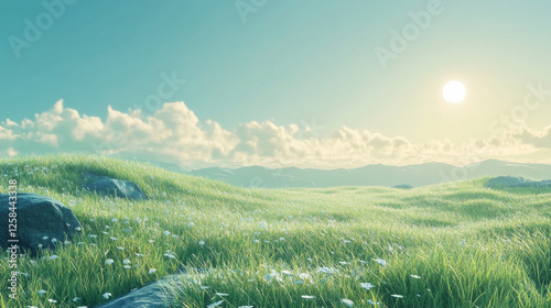 A peaceful morning landscape with vibrant fresh grass and a clear sky, exuding tranquility