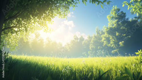 A peaceful morning landscape with vibrant fresh grass and a clear sky, exuding tranquility