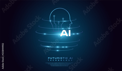 The AI head concept world background Vector illustration. with The head AI glowing rings, creating a holographic effect. The background is dark with a gradient effect photo