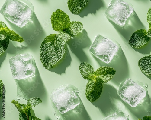 Refreshing mint leaves and ice cubes arrangement. photo