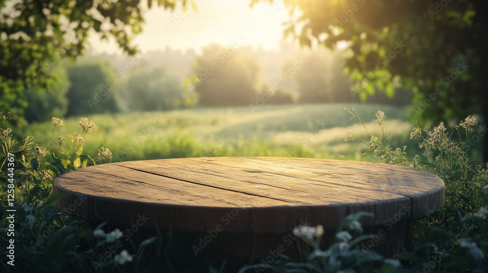 Naklejka premium A rustic wooden podium set in a lush farm landscape, bathed in warm morning sunlight--ideal for showcasing food, perfumes, or other products against a natural backdrop