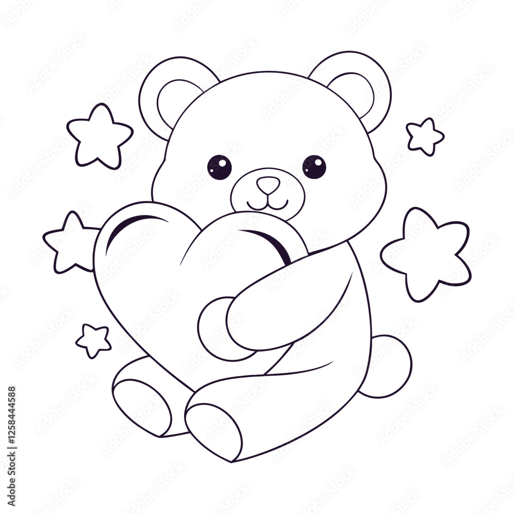 a cheerful teddy bear hugging a heart-shaped pillow for a kid's coloring book a cheerful teddy bear hugging a heart-shaped pillow for a kid's coloring book