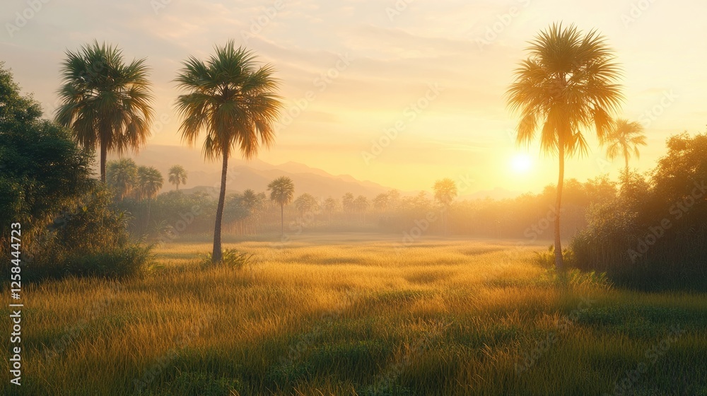 Palm trees in a field glowing under the soft morning light Palm trees in a field glowing under the soft morning light