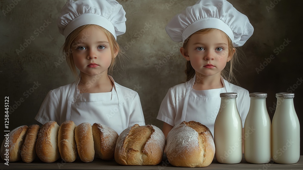 girl chef with bread loaves and milk bottles on wooden table girl chef with bread loaves and milk bottles on wooden table