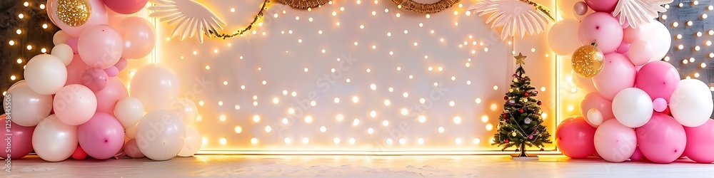 Neon-themed photo backdrop with white and pink balloon arch, angel wings, golden elements, garland lights, and small Christmas tree. Neon-themed photo backdrop with white and pink balloon arch, angel wings, golden elements, garland lights, and small Christmas tree.
