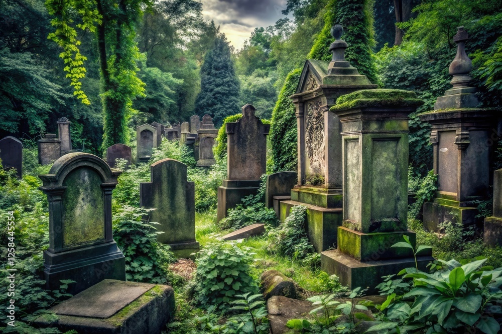 Darkened graveyard with crumbling headstones and overgrown vegetation, tombstones, darkness, eerie ambiance, trees, spooky atmosphere Darkened graveyard with crumbling headstones and overgrown vegetation, tombstones, darkness, eerie ambiance, trees, spooky atmosphere