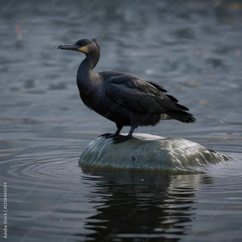 Dark grey plumage with white underbelly and black beak of Great Cormorant perched on a large flat fish, seabird, flounder Dark grey plumage with white underbelly and black beak of Great Cormorant perched on a large flat fish, seabird, flounder