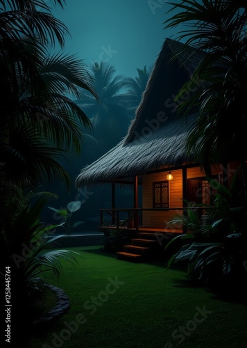 Obraz na płótnie Tropical garden with thatched roof bungalow bamboo house background beautiful bamboo asian seaport baltic sea antebellum w salonie