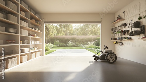 Sunlit garage interior with open door, revealing a backyard; organized shelves, tools, and a small lawnmower.