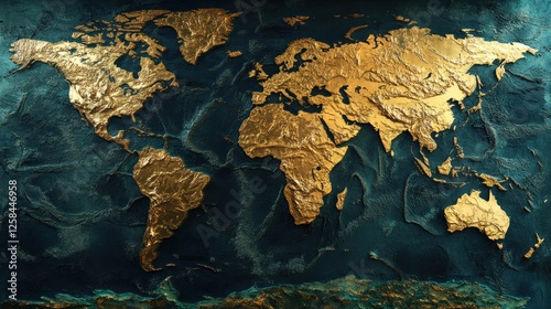 Golden World Map on Deep Blue Textured Background, a Luxurious Global Design