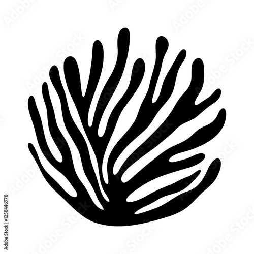Abstract coral. Black underwater coral reef plant silhouette, ocean algae and seaweed icon round shape, aquarium contemporary element. Vector illustration