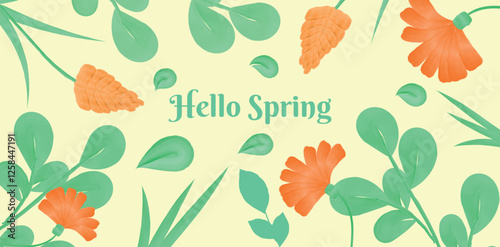 Hello Spring, Flowers, Spring or Summer with blooming orange meadow flowers. Watercolor. Multi-colored garden flowers
