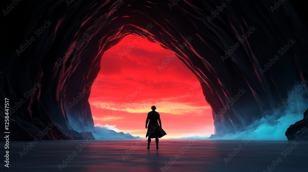 Fototapeta premium Silhouette of a man in a long coat emerges from a dark cave into a vibrant red sunset. A dramatic scene of mystery and hope.