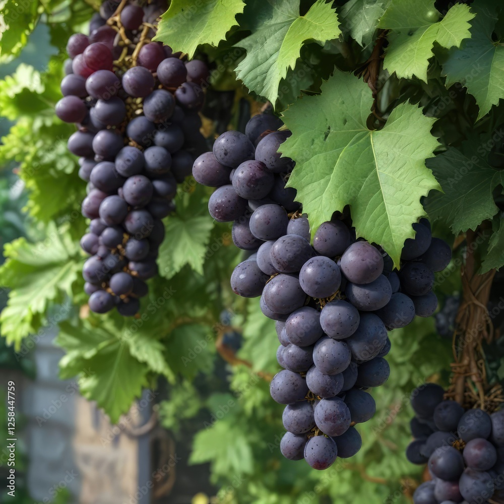 Dark purple black grapes on a vine with lush green leafy greens providing contrast , purple, leaves, grapes Dark purple black grapes on a vine with lush green leafy greens providing contrast , purple, leaves, grapes