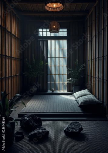 Obraz na płótnie Tranquil zen room with futon bed plants and stones bamboo house background beautiful bamboo asian seaport baltic sea antebellum w salonie