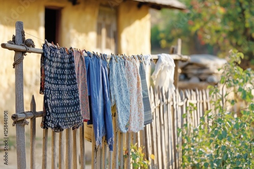 Freshly laundered clothes drying on a clothesline outside a suburban home