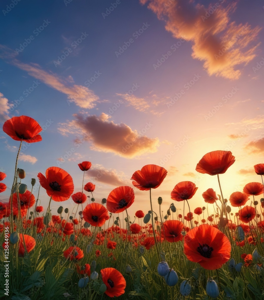 Obraz premium Dazzling array of red poppies against a vibrant blue sky at sunset, red poppies, wildflowers in field, flower field