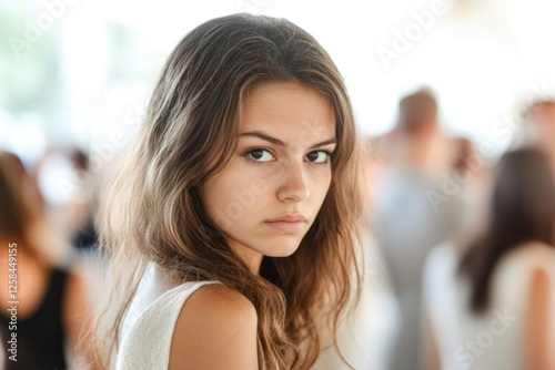 Portrait of a young woman with long brown hair looking directly at the camera