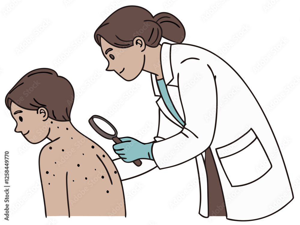 A dermatologist using a magnifying glass to inspect a mole on a patient's skin, isolated on white background.
A dermatologist using a magnifying glass to inspect a mole on a patient's skin, isolated on white background.